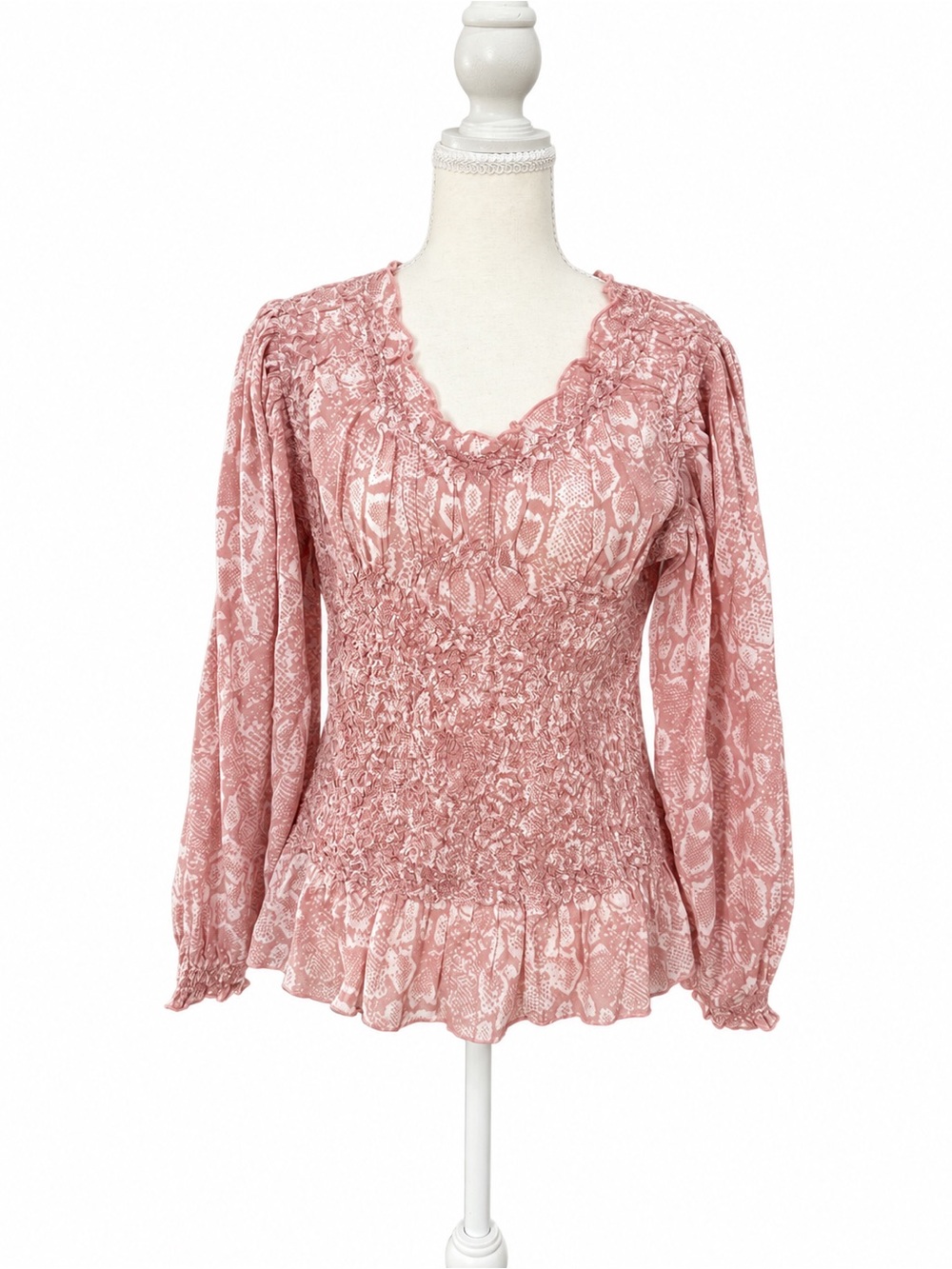 Anthropologie Pink Snakeskin Smocked Peplum Blouse NWT Large